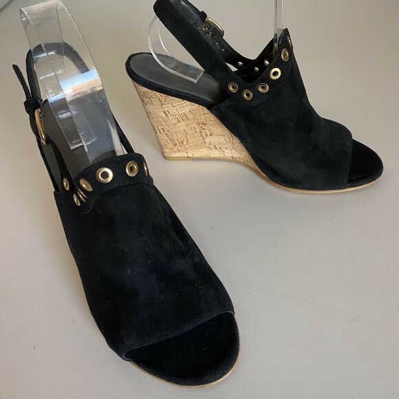 Stuart Weitzman Open Toe Slingback Wedge Sandal Eyeliner Black Suede Gro… - Picture 6 of 7